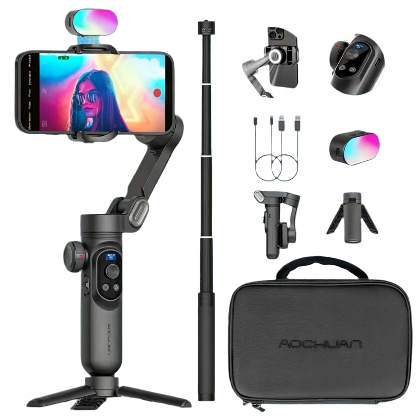 AOCHUAN Gimbal à double caméra AI pliable et stable, compatible Vlog