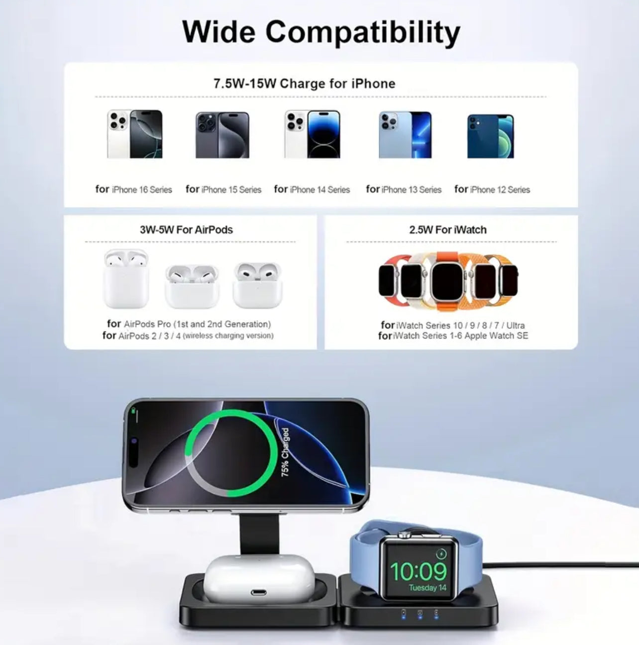 Chargeur sans fil pliable 3 en 1 en acier Kalandula pour iPhone