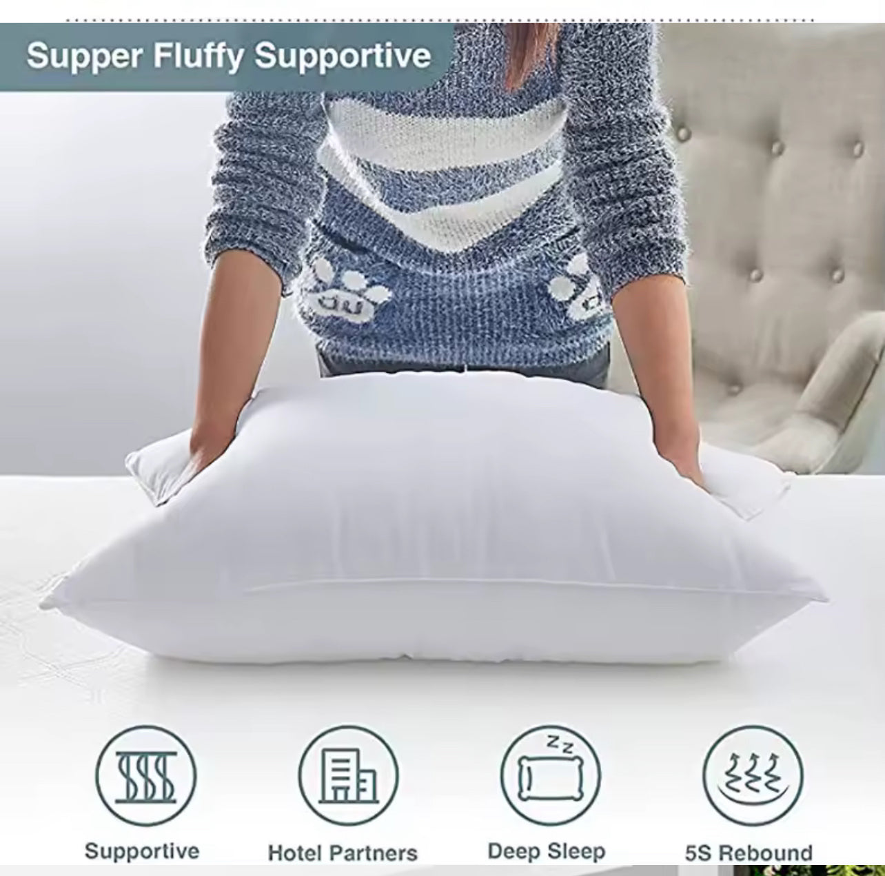 Stripe Hotel Quality Pillows  Side Sleeper Bounce Back Bed Pillows