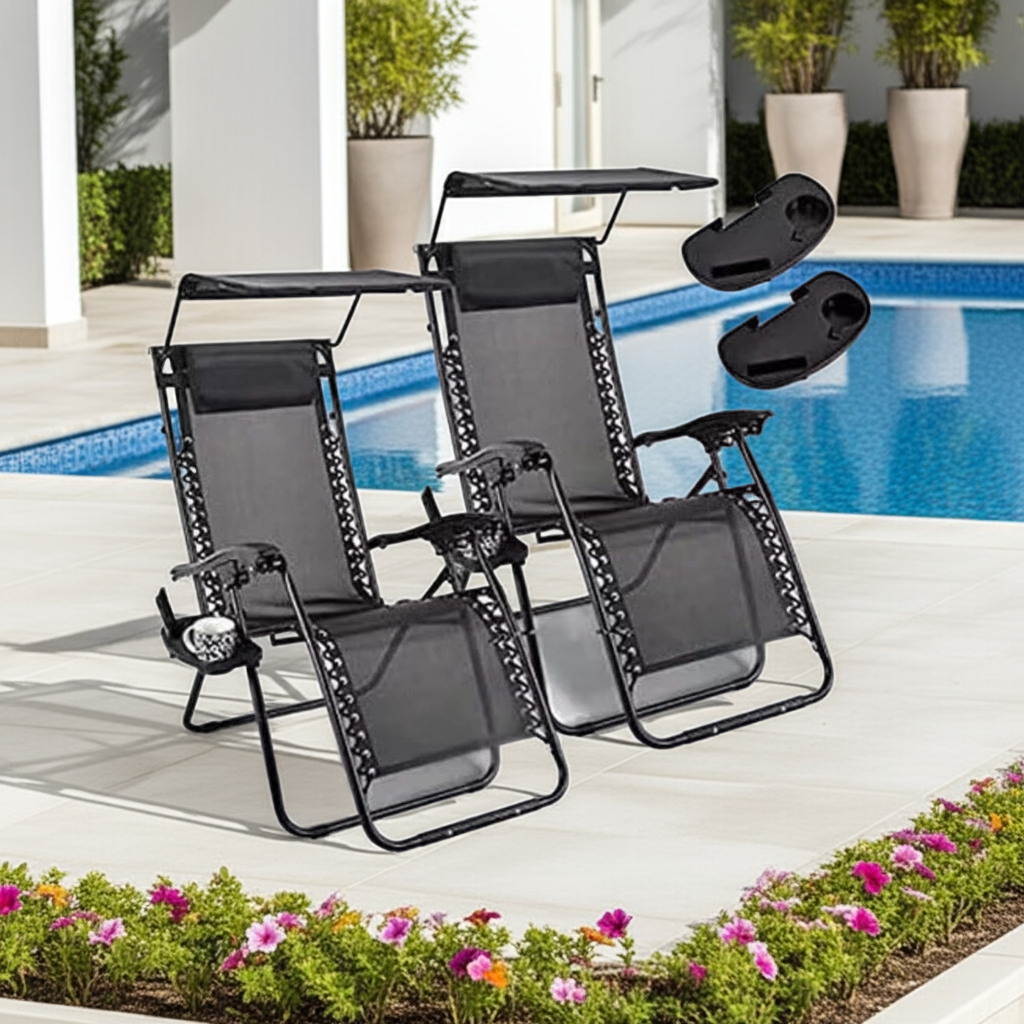 2 Reclining Sun loungers Zero Gravity Chair with Canopy