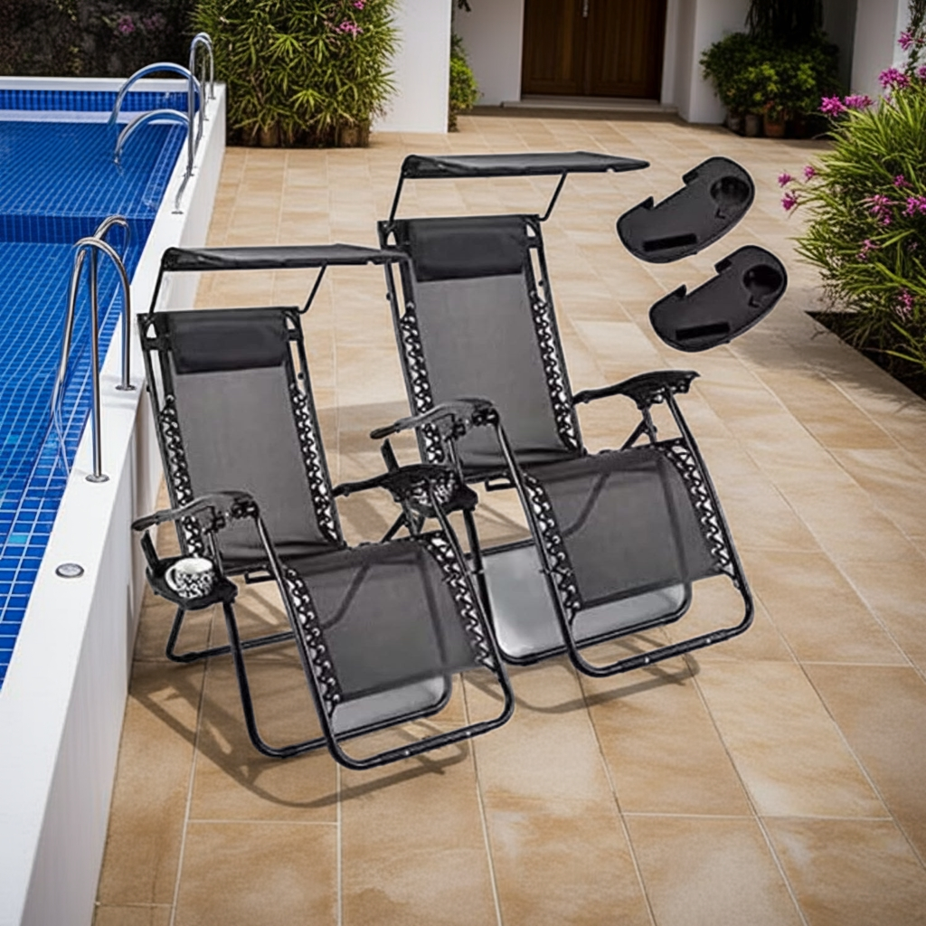 2 Reclining Sun loungers Zero Gravity Chair with Canopy