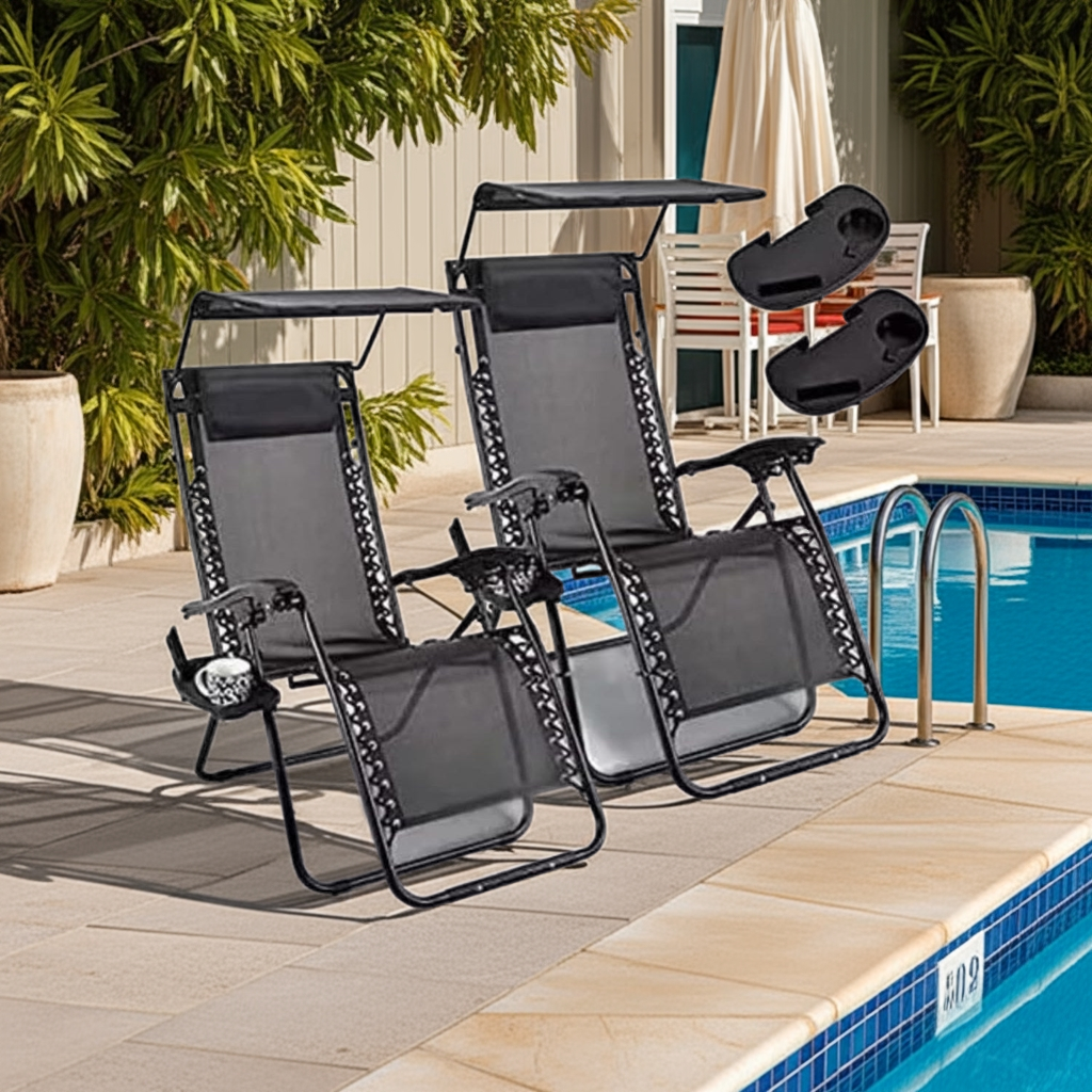 2 Reclining Sun loungers Zero Gravity Chair with Canopy