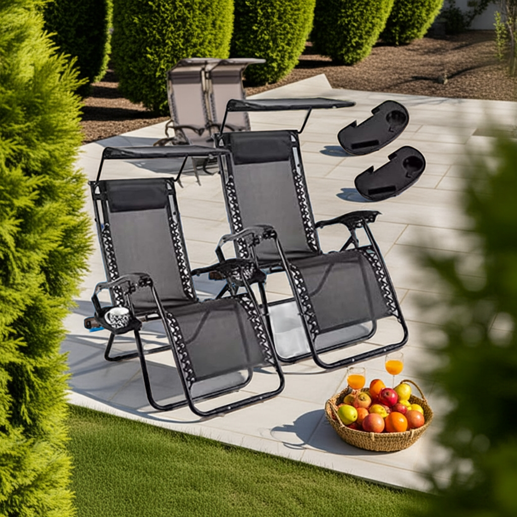 2 Reclining Sun loungers Zero Gravity Chair with Canopy