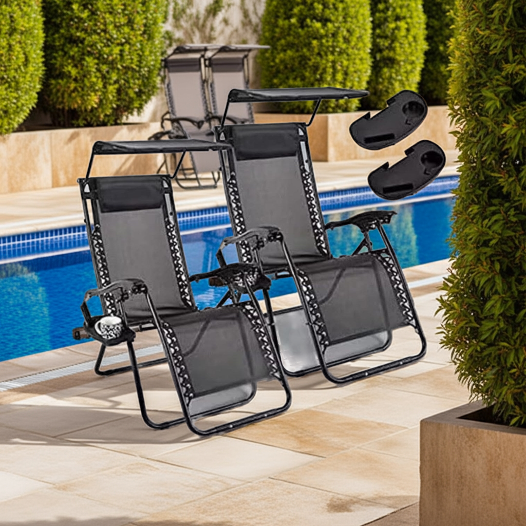 2 Reclining Sun loungers Zero Gravity Chair with Canopy