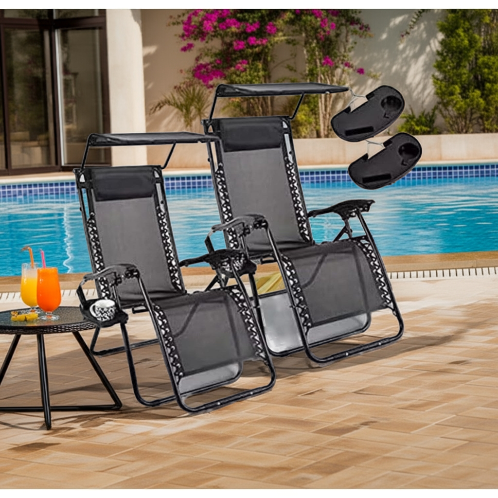2 Reclining Sun loungers Zero Gravity Chair with Canopy