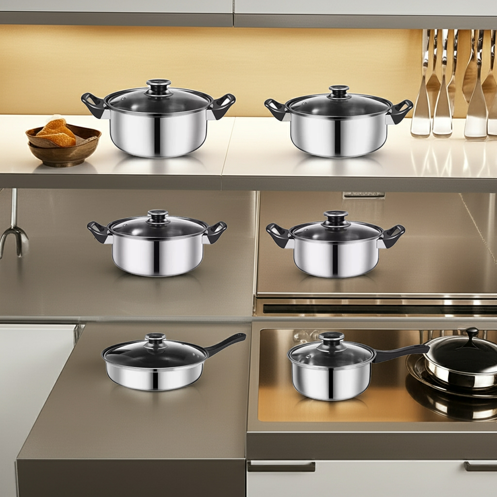 Kalandula Steel 12 pcs Stainless Steel Cookware Set with Glass Lids,