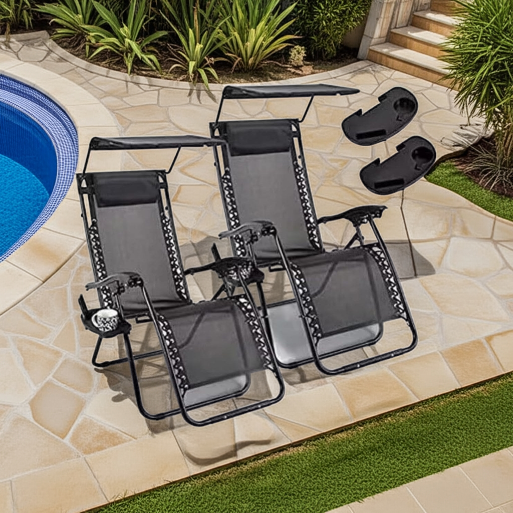 2 Reclining Sun loungers Zero Gravity Chair with Canopy