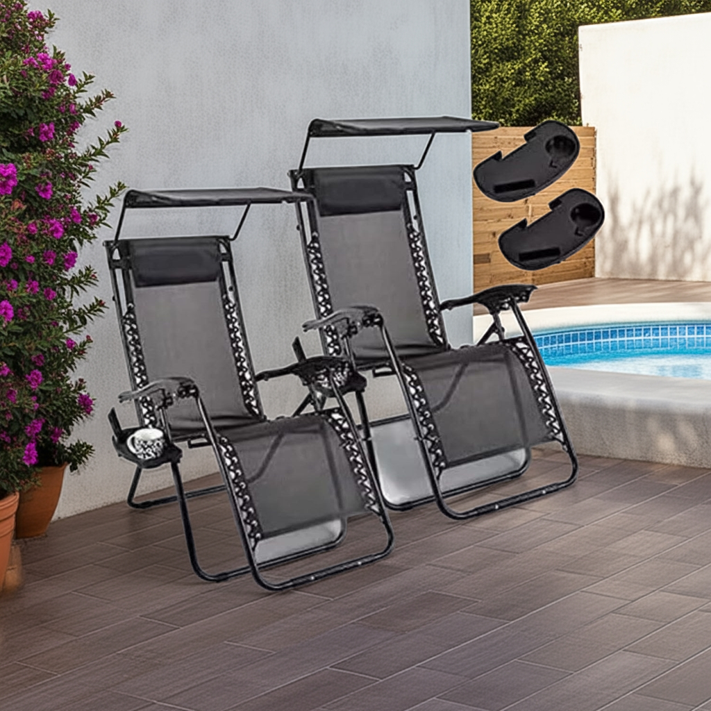 2 Reclining Sun loungers Zero Gravity Chair with Canopy