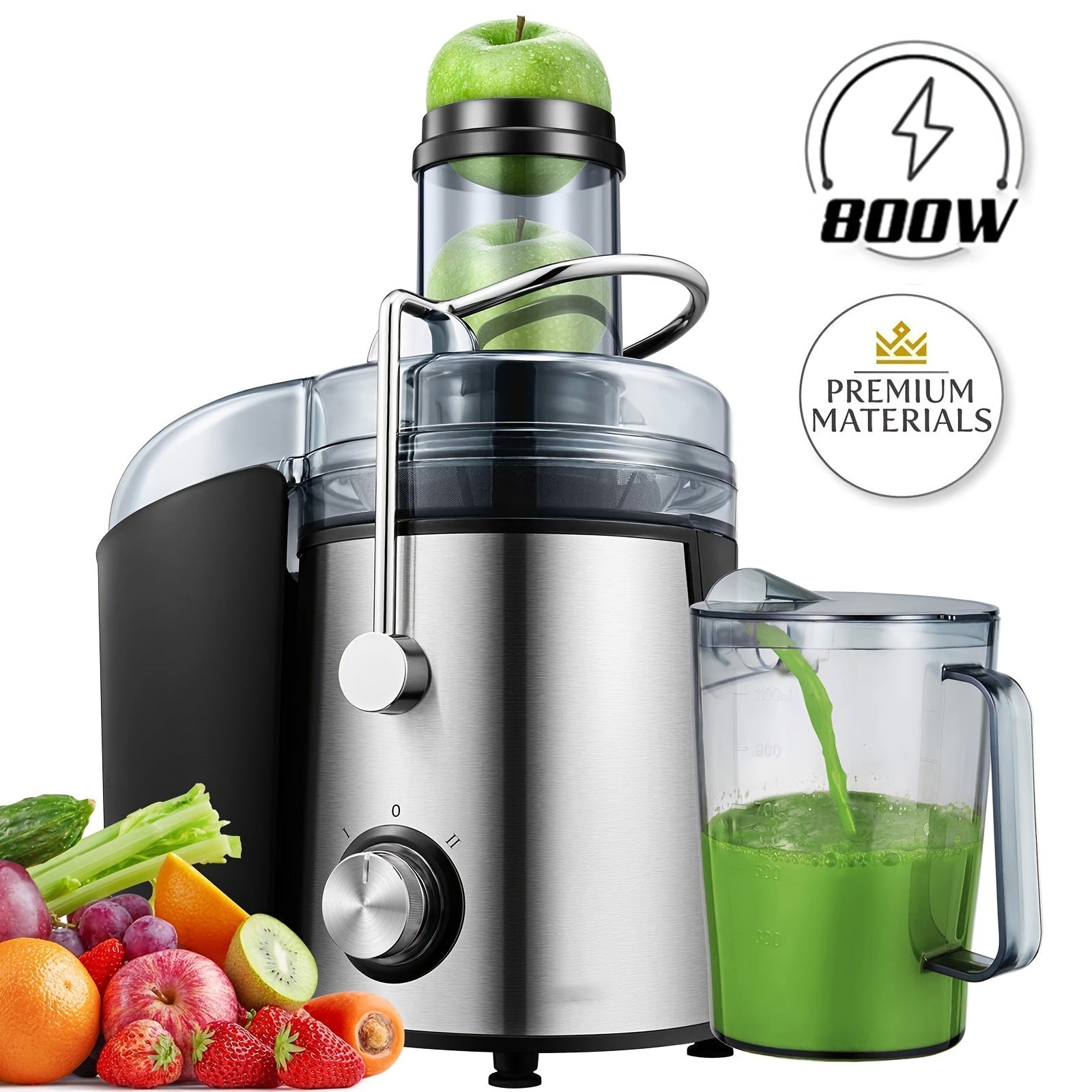 Juicer Machines 800W Juicers Whole Fruit And Vegetable Easy To Clean Stainless Steel Juice Maker With 75MM Large Feed Chute Dual Speed Setting And NonSlip Feet Silver