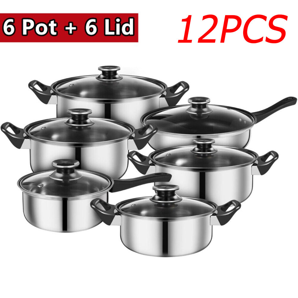 12pcs Stainless Steel Cookware Set with Durable Double Handle Design Glass Lids Soup Ladles Induction and Gas Stove Compatible