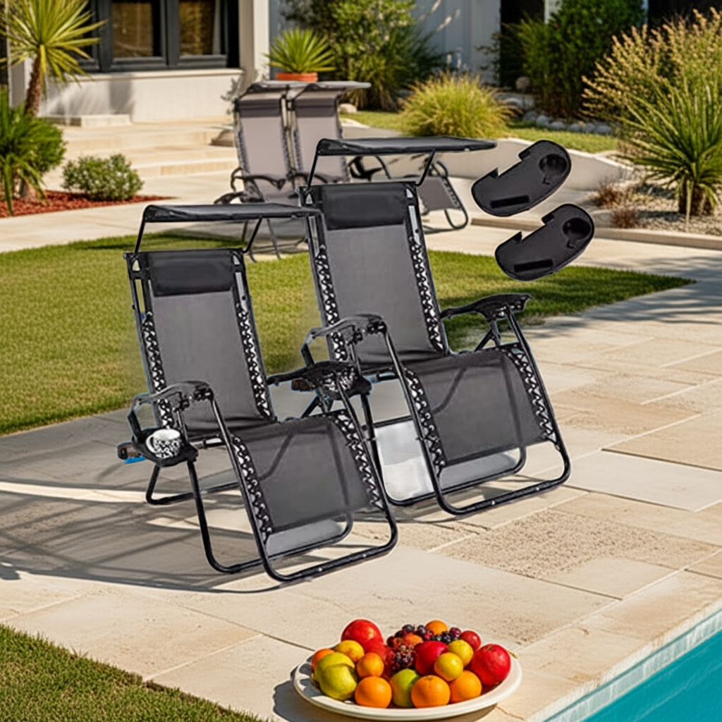 2 Reclining Sun loungers Zero Gravity Chair with Canopy